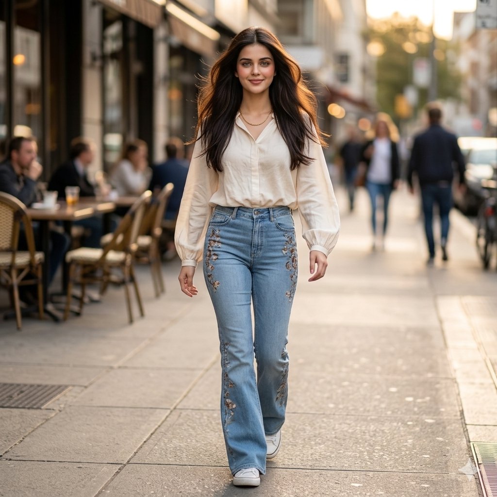 Full-body candid mid-stride portrait of the same young