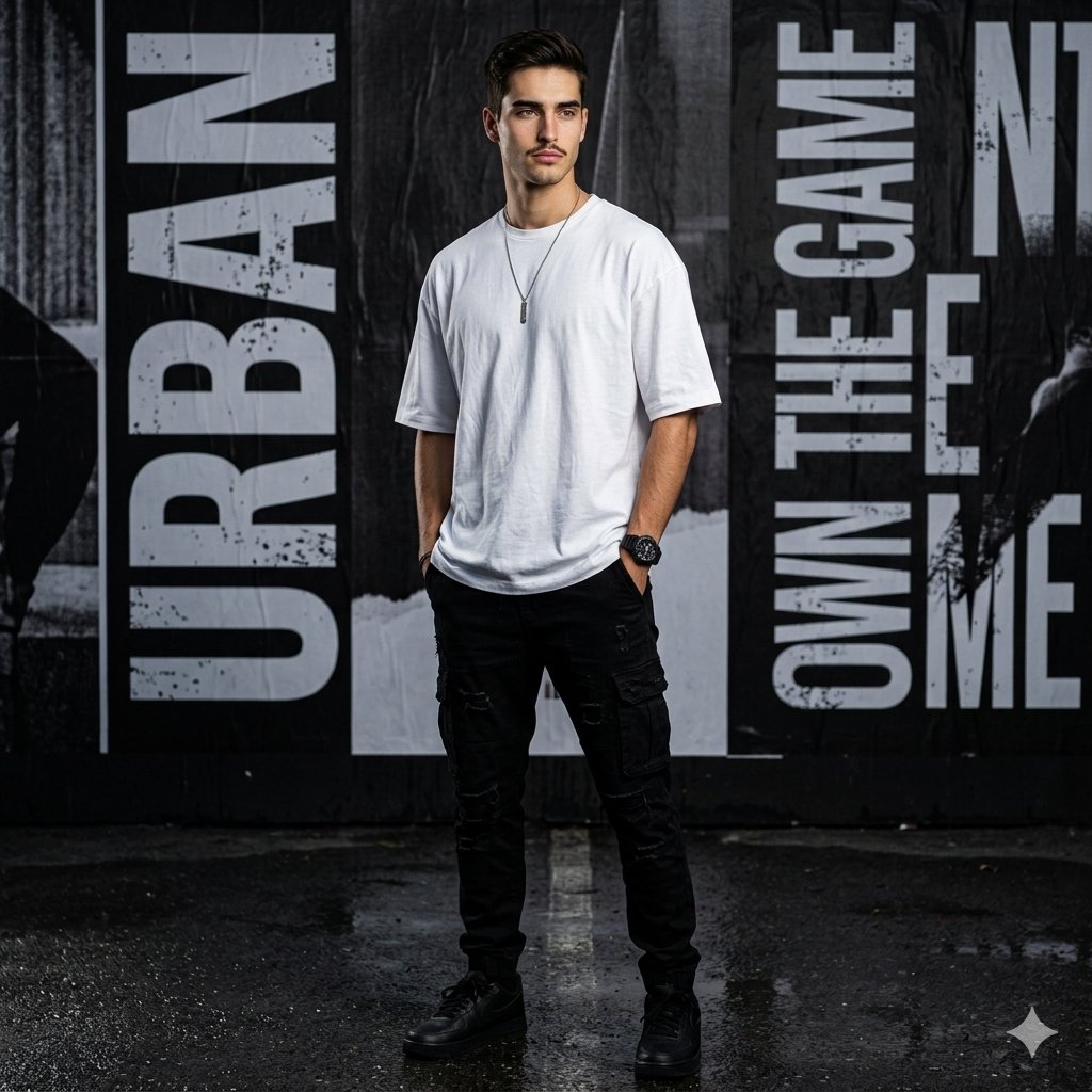 Full-body professional fashion editorial shot of a lean