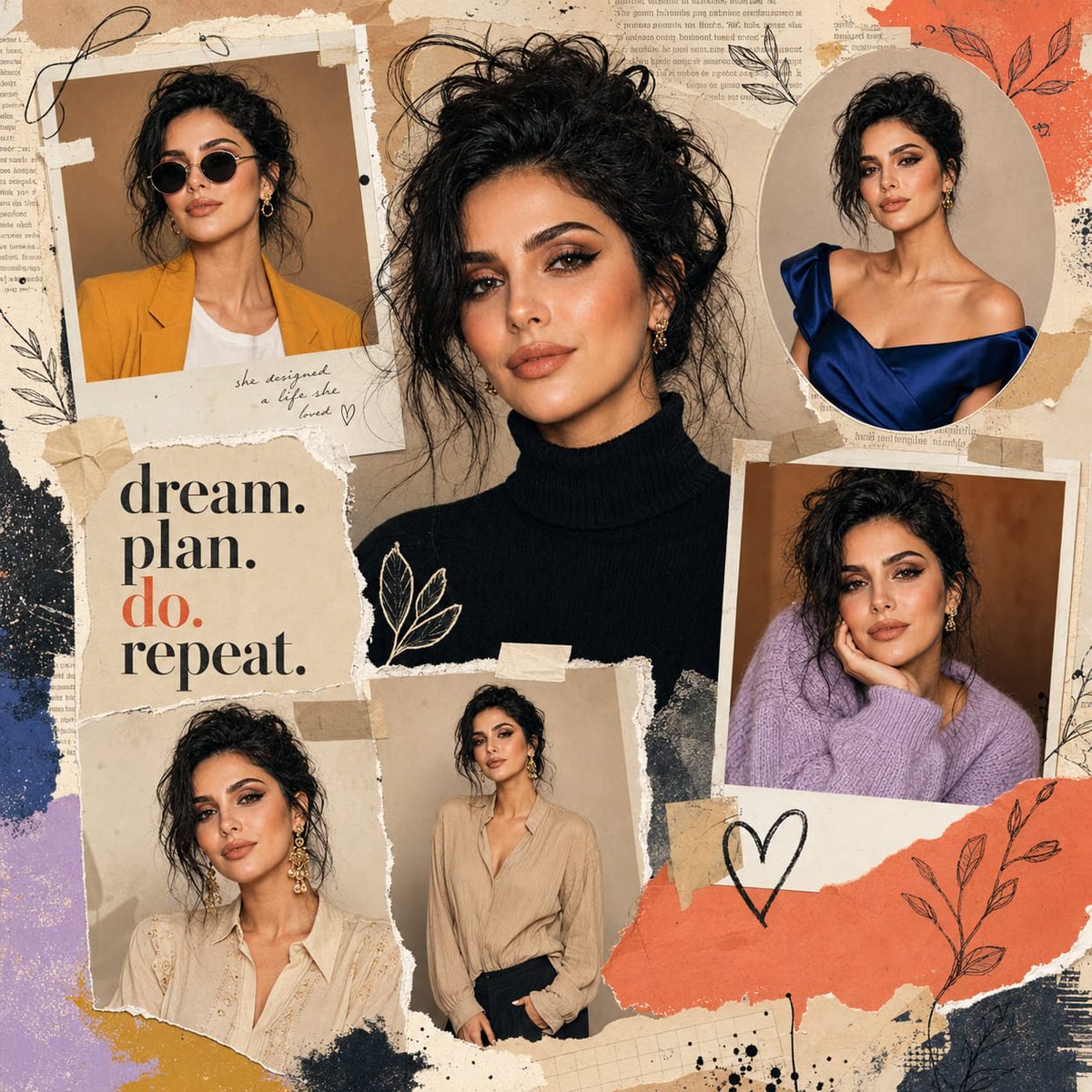Create an ultra-detailed 4K fashion editorial scrapbook coll