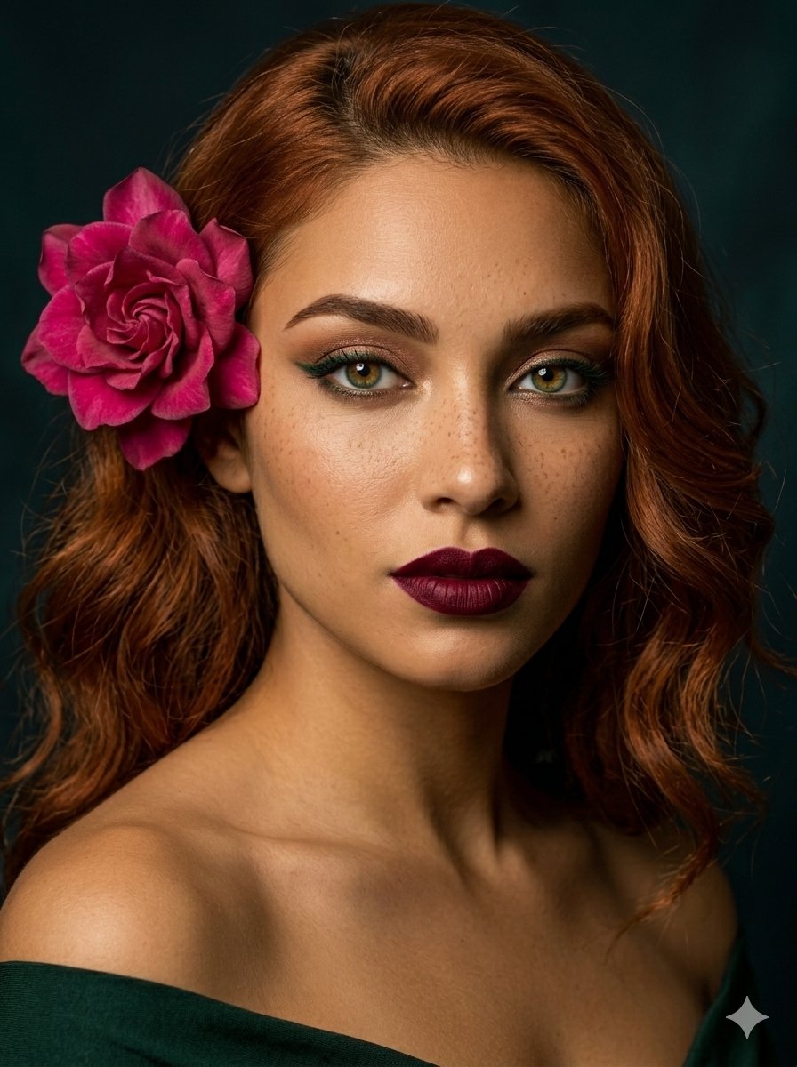 A close-up studio portrait of a beautiful woman with strikin