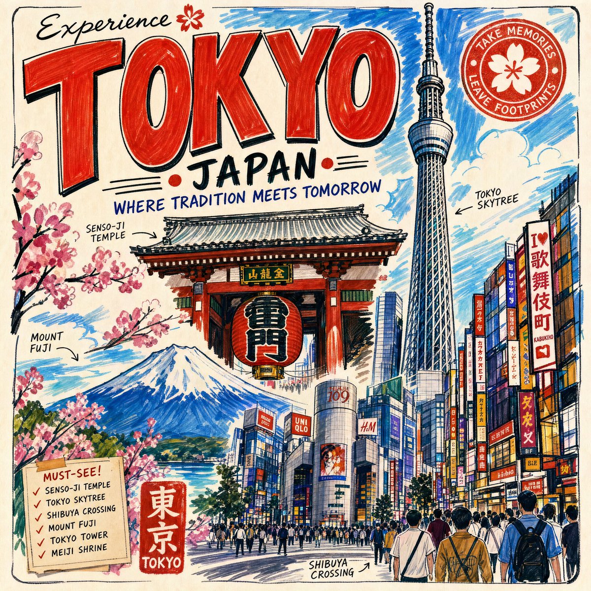 A tourist poster of [CITY / LOCATION] in vibrant marker art 