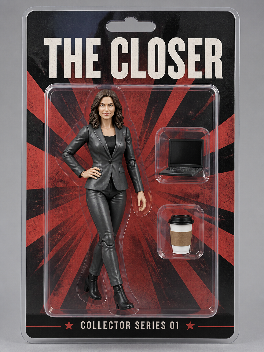 A retail blister pack toy shot of a sculpted action figure in a blazer, mid-stride on a starburst backer card with a printed header and two accessory blisters.