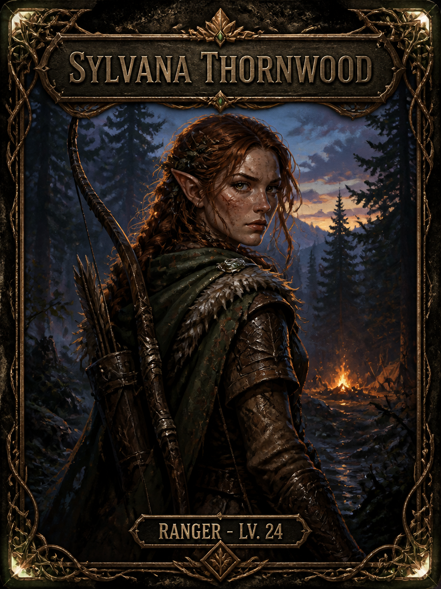 A painterly fantasy trading card of an elven ranger in a misty forest at dusk, framed by an ornate border with a rendered name and class plate.