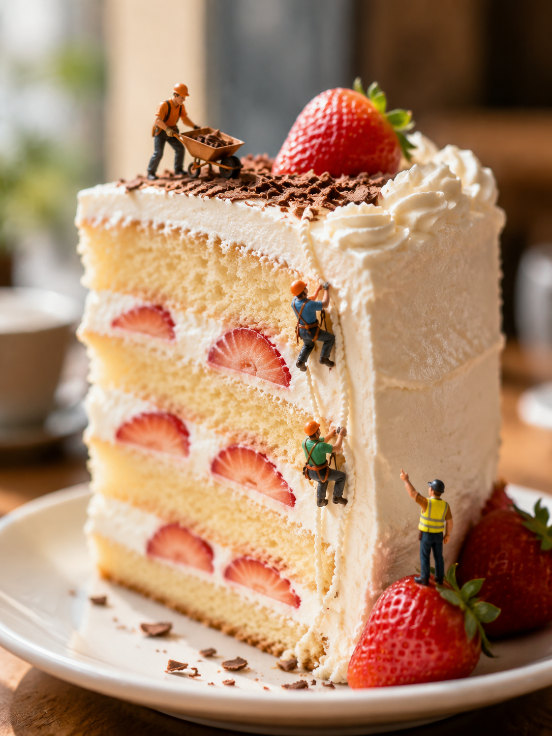 Tiny construction-crew figurines at work on a giant slice of layer cake — macro tilt-shift food photography in bright window light.