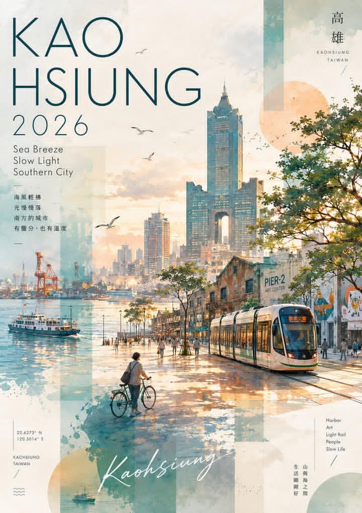 Watercolor and collage travel poster for Kaohsiung