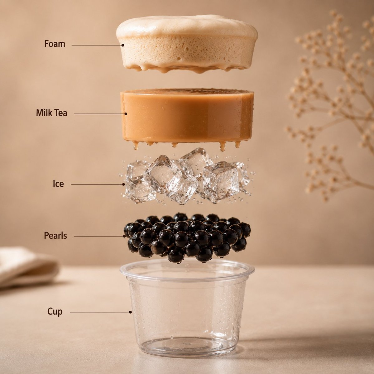 The bubble tea starts to slowly spin while the ingredients s