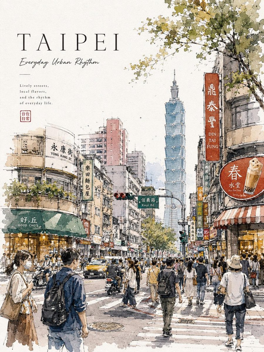 A detailed watercolor travel poster of a lively city street